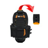 Black heavy duty electrician tool pouch with multiple pockets and a red arrow