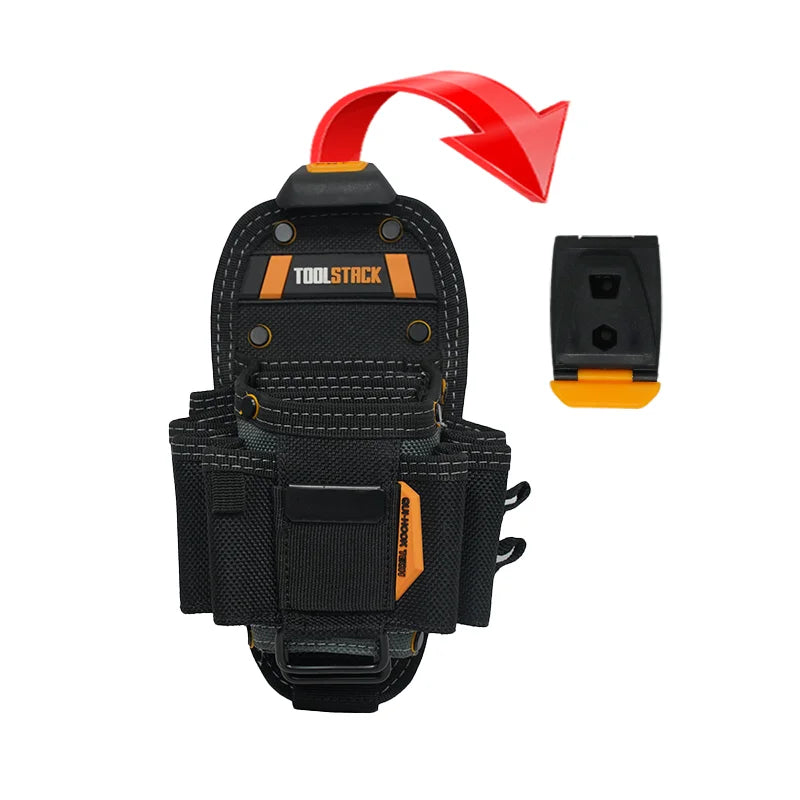 Black heavy duty electrician tool pouch with multiple pockets and a red arrow