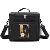 Black insulated canvas lunch bag with a gold initial E and floral accents
