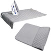 A heat-resistant portable ironing mat with a white iron and ironing cloth shown on a surface.