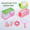 Green and pink adventure toys including a camping expedition cage, insect explorer kit with net, and magnifying glass.