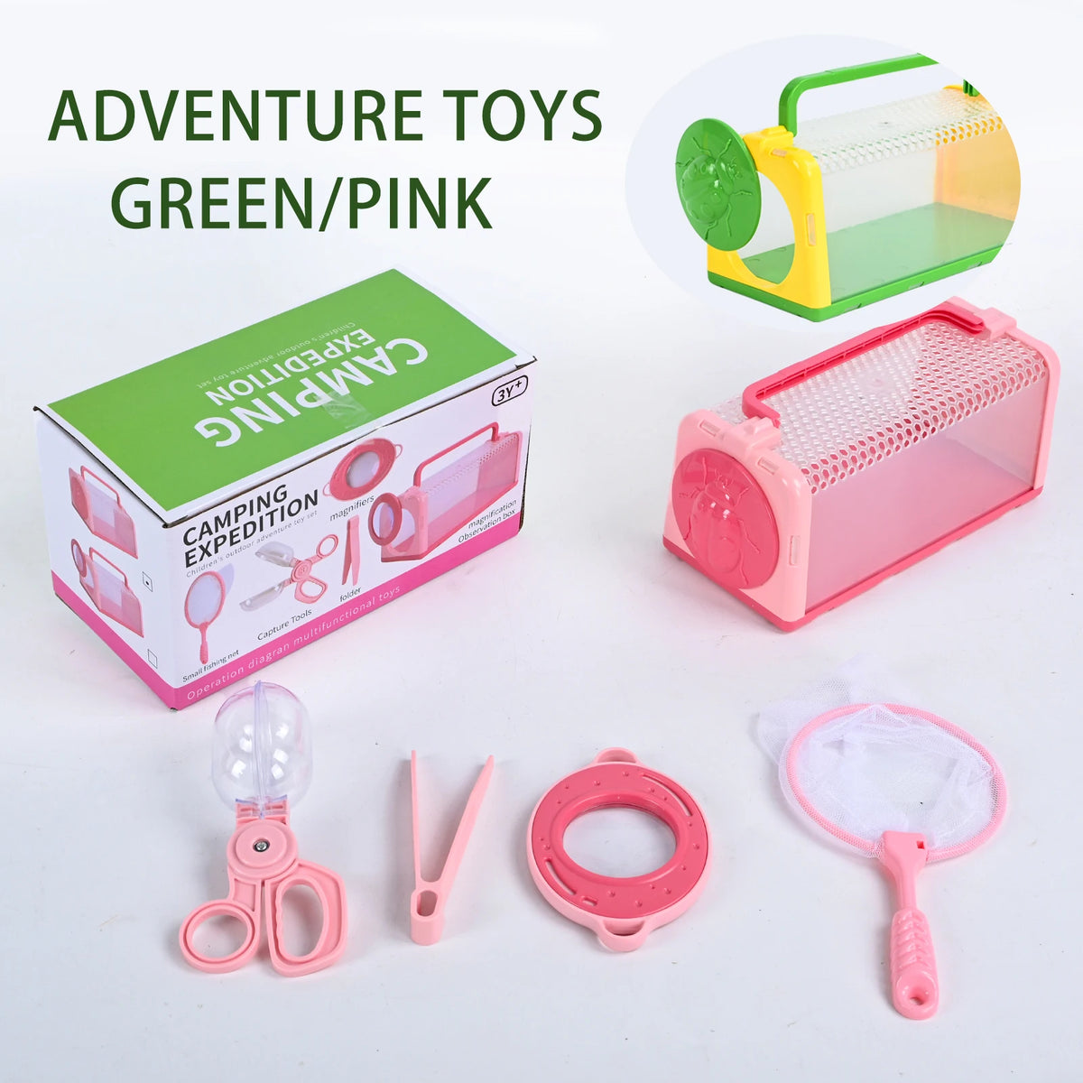 Green and pink adventure toys including a camping expedition cage, insect explorer kit with net, and magnifying glass.