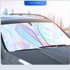 A car sunshade is shown installed on a vehicle's windshield, reflecting colorful light.