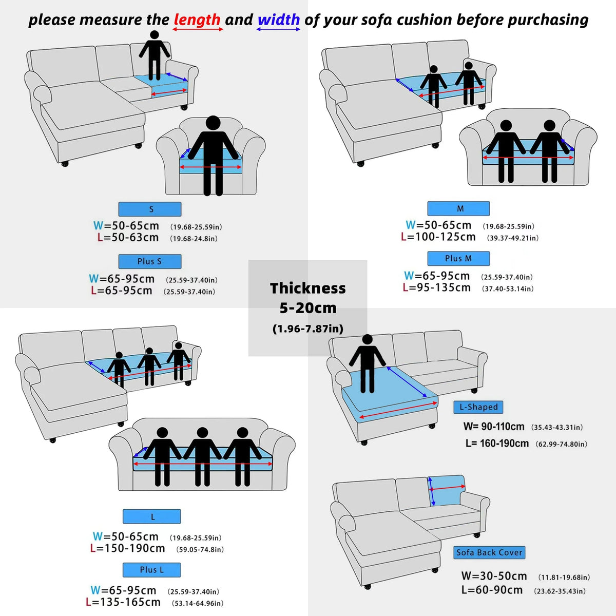 Diagrams showing measurements for purchasing a sofa cushion, including length and width options.