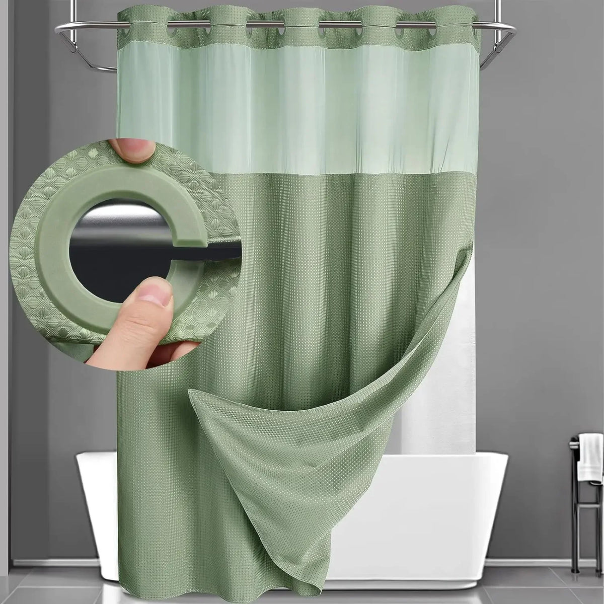 Double-Layer Waffle Shower Curtain with Built-in Snap Liner