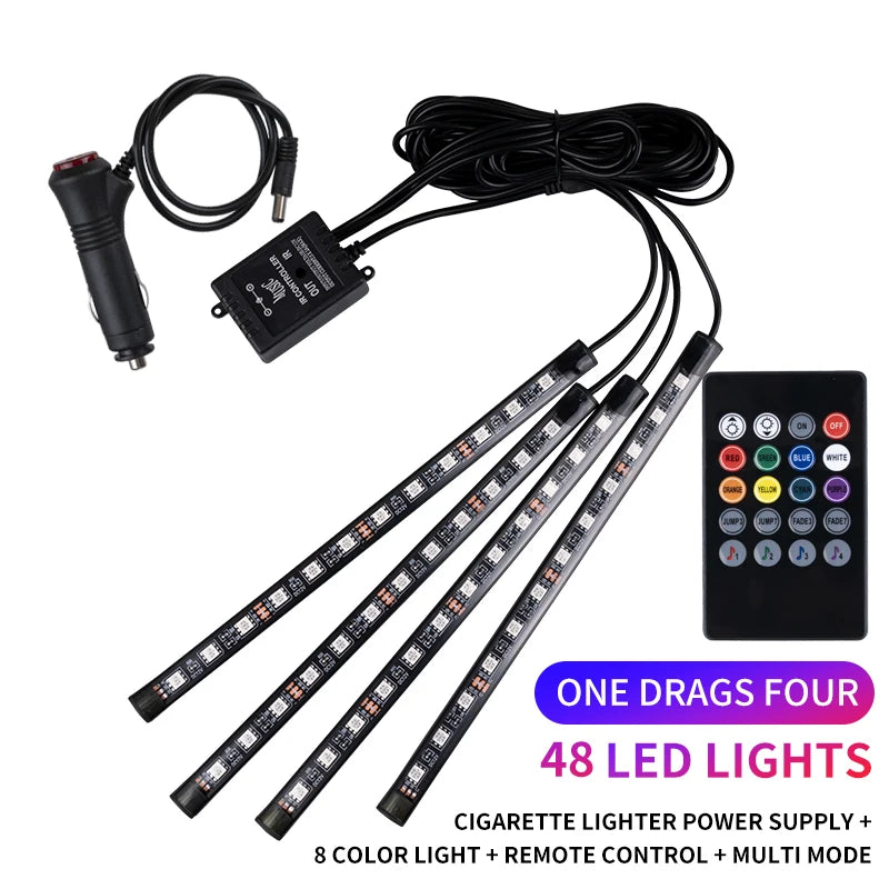 RGB LED Car Interior Ambient Light Kit with Music Sync & Remote Control featuring a power supply and multiple light strips