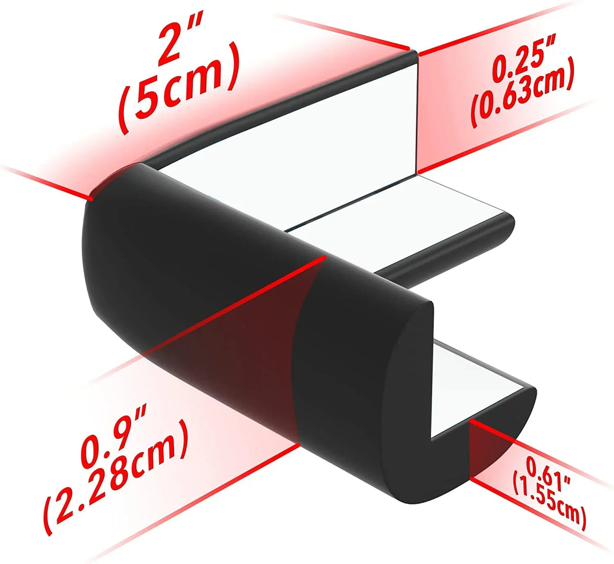 A black soft baby corner guard is shown in a profile view with dimensions marked.