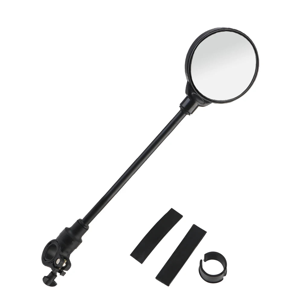 A black universal adjustable motorcycle rearview mirror with a circular glass and mounting hardware.
