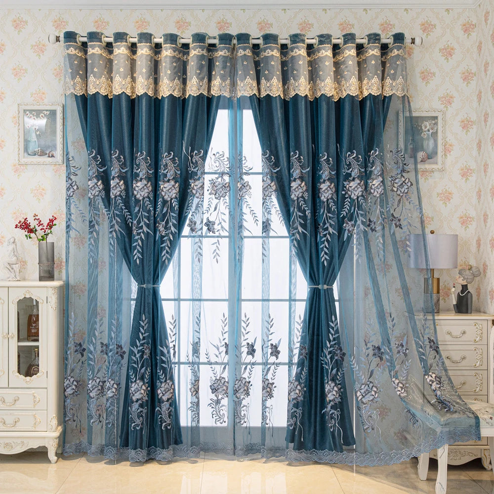 Nordic Embroidered Flower Double-Layer Curtain with Sheer Backing