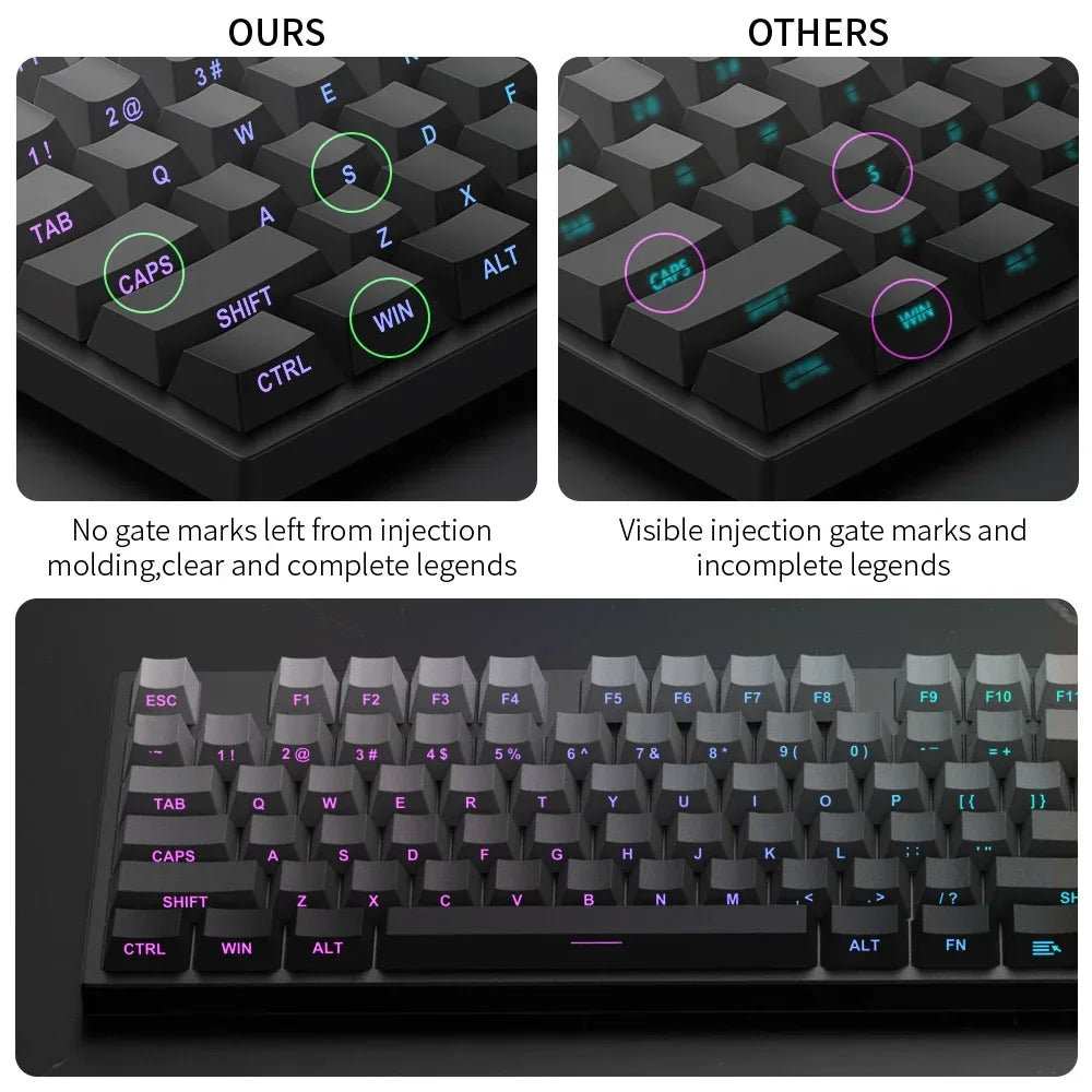 Vergleich der Keycap-Molding-Qualität: Unsere mit klaren Legenden und andere mit sichtbaren Spritzgussmarken