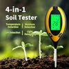A yellow soil tester device is shown next to a small plant in dark soil, demonstrating its four-in-one testing capabilities.
