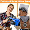 A woman is using an aluminum miter saw protractor with laser-engraved scales to make precise cuts on wood.