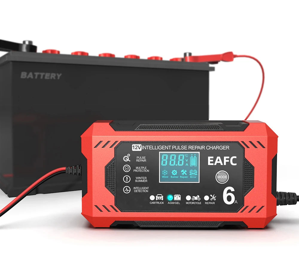 An orange battery charger with an LCD display and cable is shown next to a black battery.