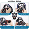 Instructions showing how to install and remove the filter canister of a full face respirator mask