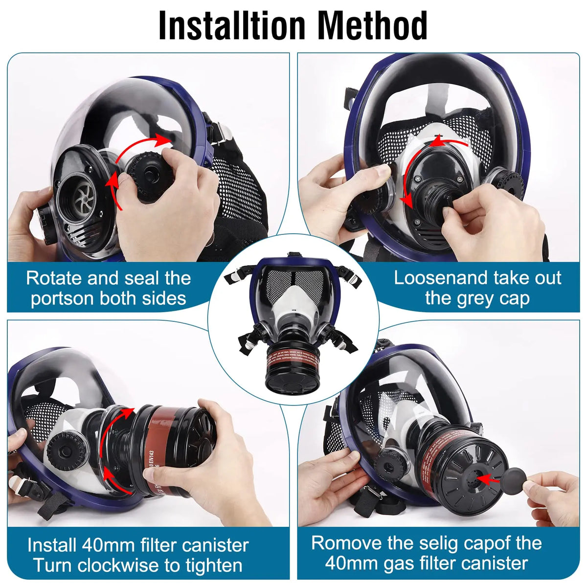 Instructions showing how to install and remove the filter canister of a full face respirator mask