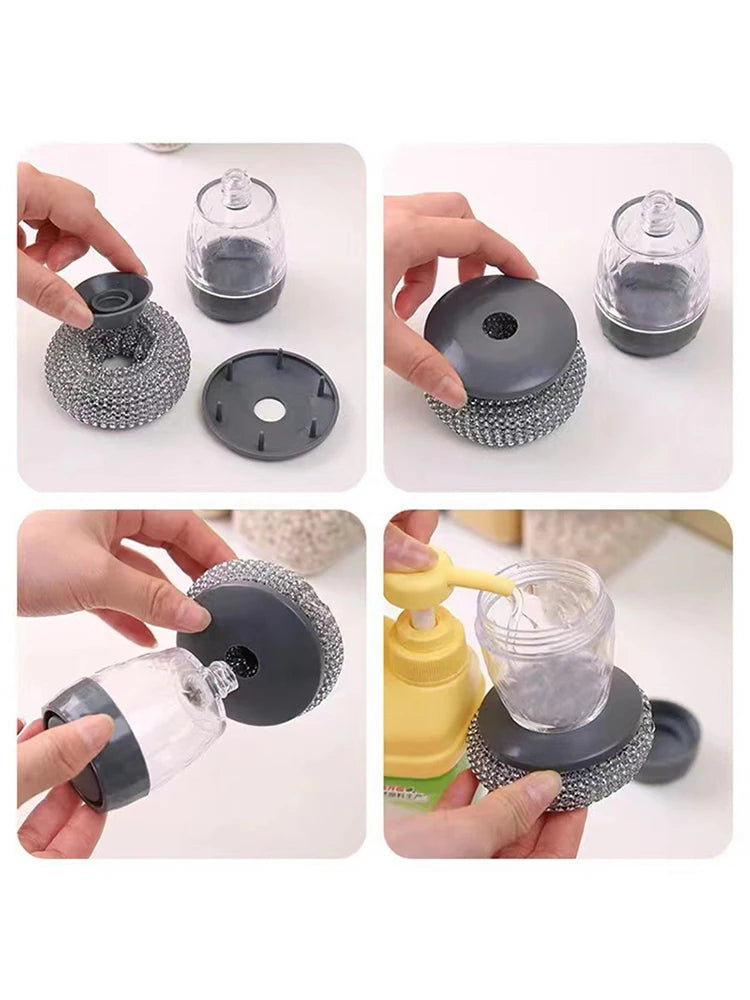 A set of black press dish brushes with built-in soap dispensers shown in various angles.