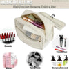 A beige multifunction hanging toiletry bag with a hook, showing various cosmetic and personal care items.