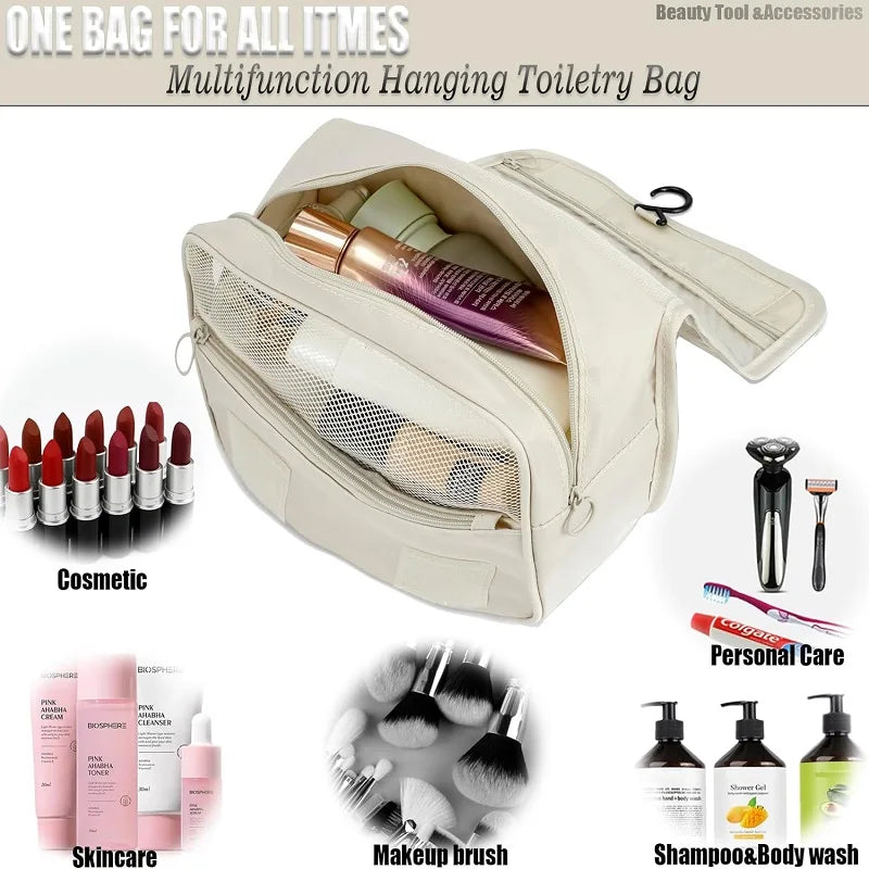 A beige multifunction hanging toiletry bag with a hook, showing various cosmetic and personal care items.