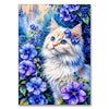 A fluffy white and blue cat surrounded by vibrant purple and blue hydrangeas and foliage.