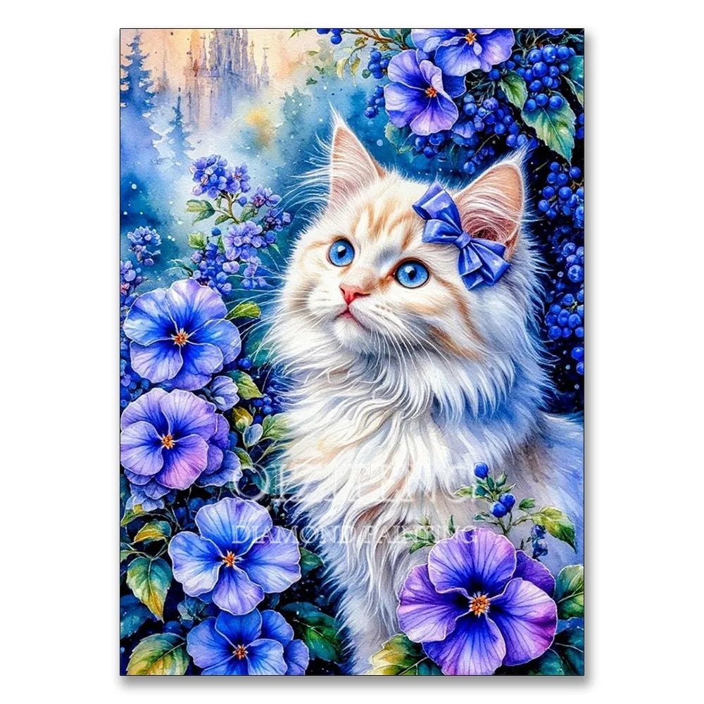 A fluffy white and blue cat surrounded by vibrant purple and blue hydrangeas and foliage.
