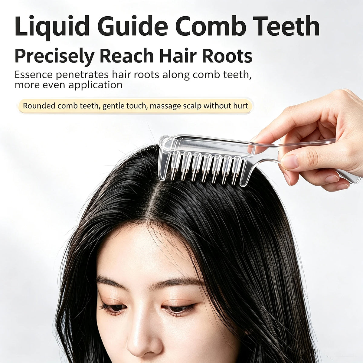 A hand holds a clear liquid guide comb teeth applicator near a person's hair roots for scalp massage.