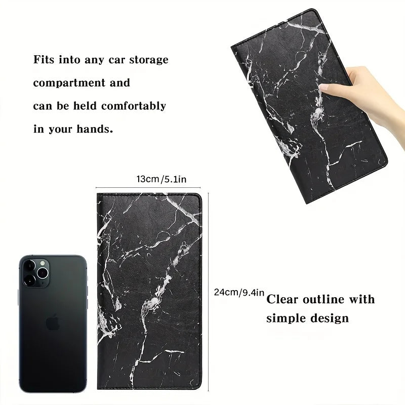 Black faux leather document organizer with a marbled pattern shown next to an iPhone.