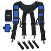 Black and blue magnetic tool belt suspenders with phone holder for securing tools.