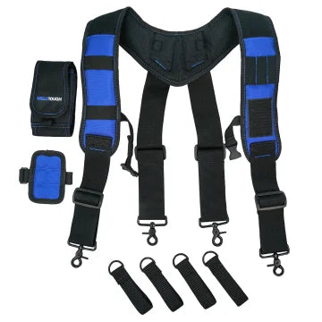 Black and blue magnetic tool belt suspenders with phone holder for securing tools.