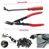 A set of automotive trim removal tools including a clip puller and various specialized tools.