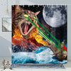 Cat Riding Dinosaur Shower Curtain with Ocean Wave Design