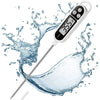 A digital food thermometer with a probe is shown dipping into water, demonstrating its use for measuring temperature.