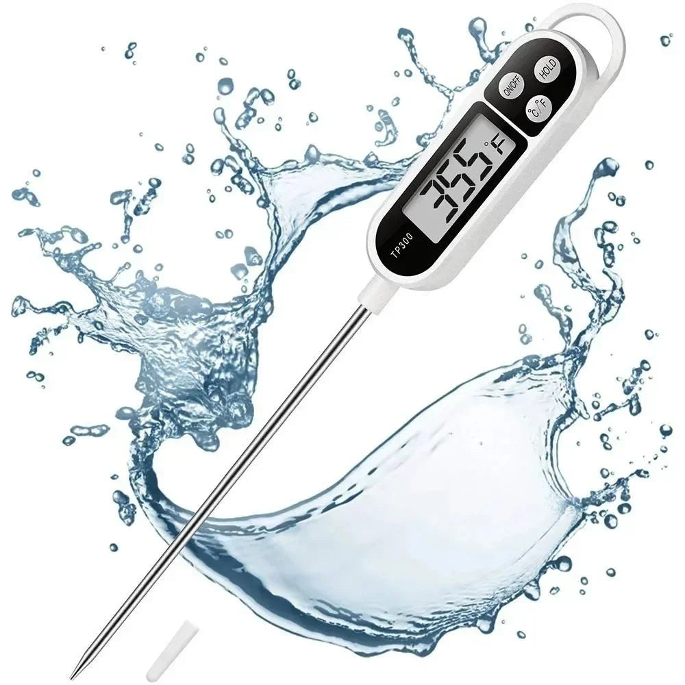 A digital food thermometer with a probe is shown dipping into water, demonstrating its use for measuring temperature.