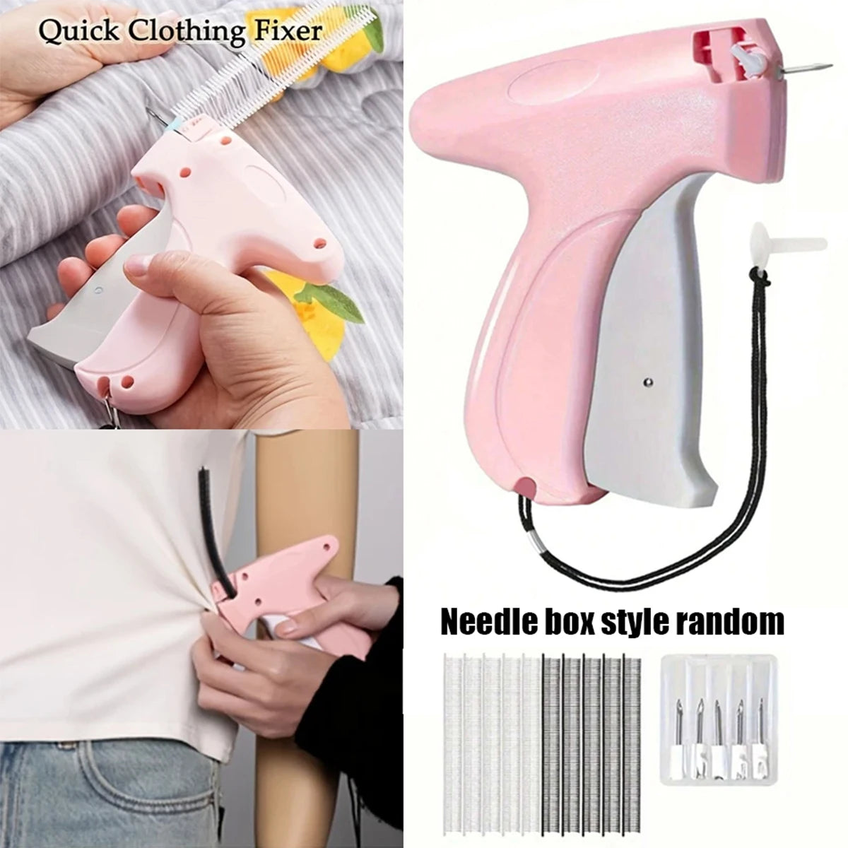 A pink mini sewing gun with a needle box style random set of needles and fasteners for fabric repairs