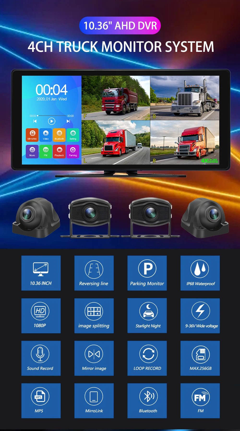 A 10.36 inch 4-channel HD DVR truck monitor system with multiple input options like reversing line, parking monitor, and audi