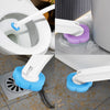 A wall-mounted toilet brush set showing various disposable heads and the brush mechanism for cleaning toilets.