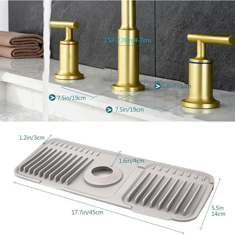 A silicone faucet splash mat with a ribbed design is shown next to brass faucet handles.