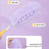 A purple feather duster is shown with one side and both sides, demonstrating its fluffing ability.