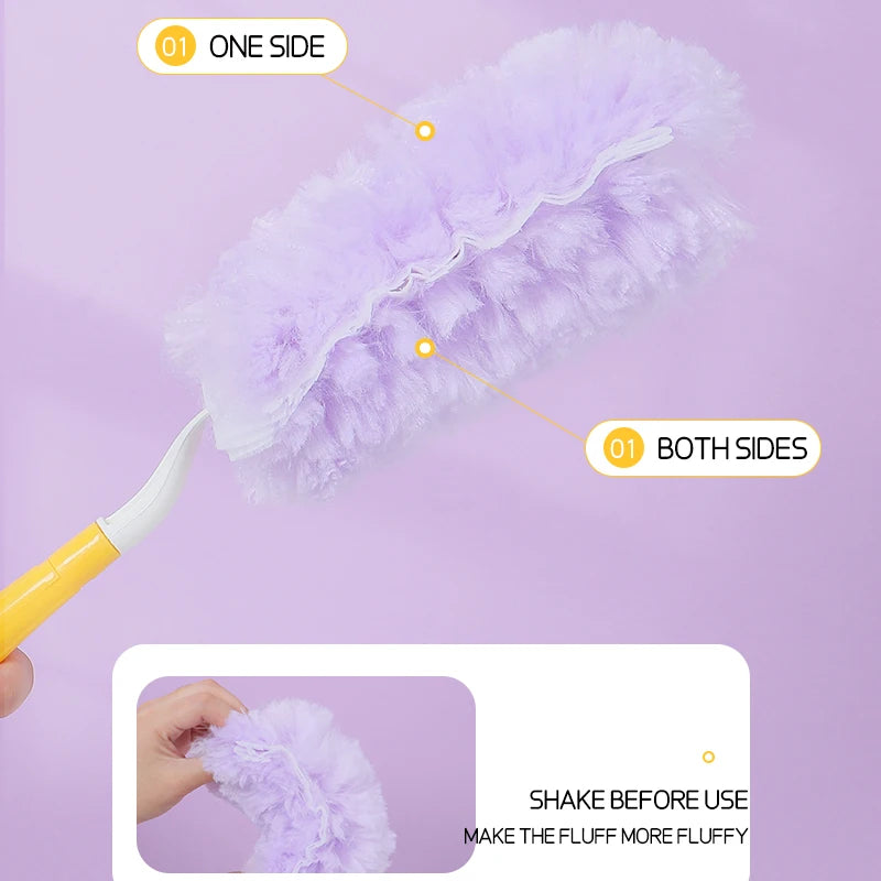 A purple feather duster is shown with one side and both sides, demonstrating its fluffing ability.