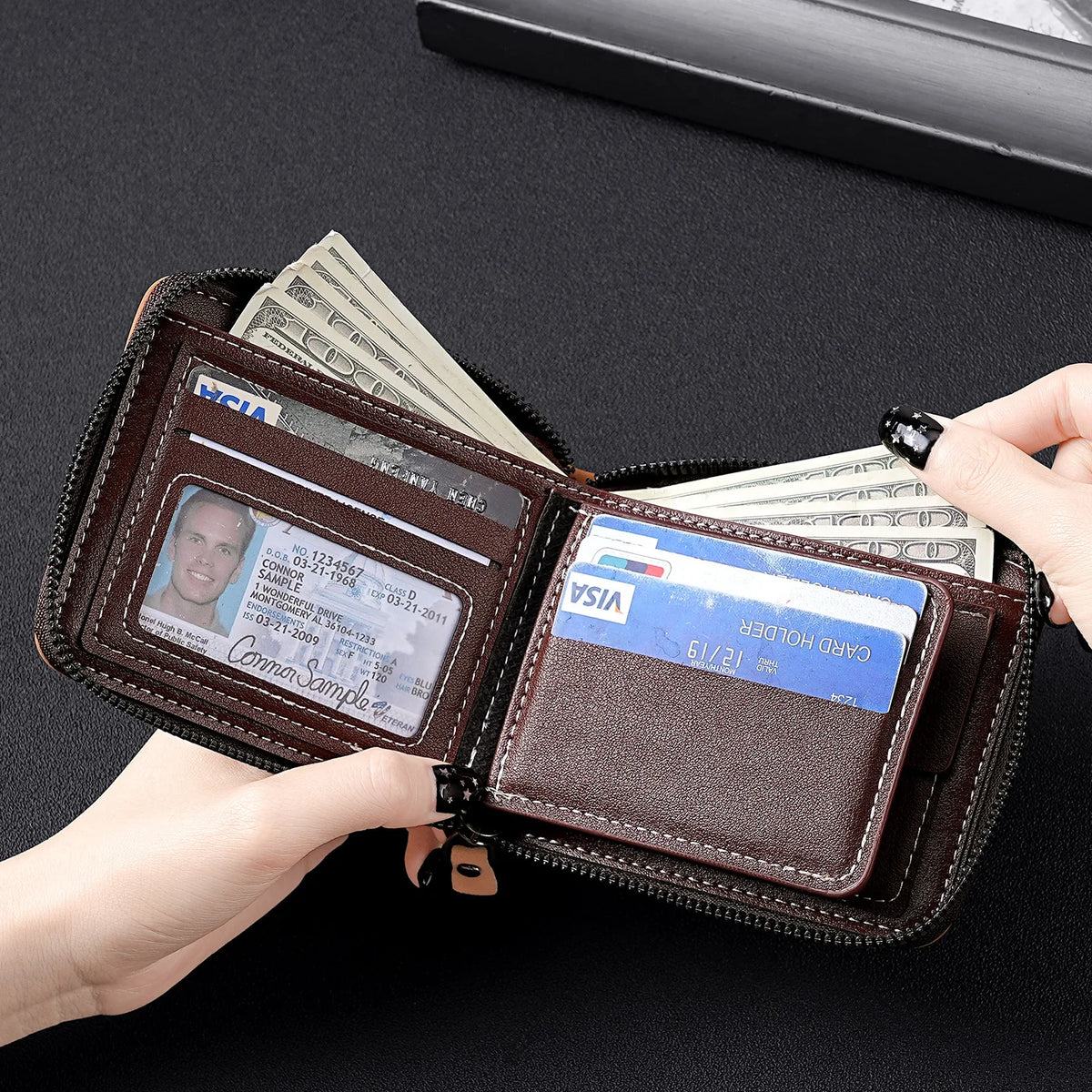 Vintage Waxed Leather Bifold Wallet with Coin Pocket