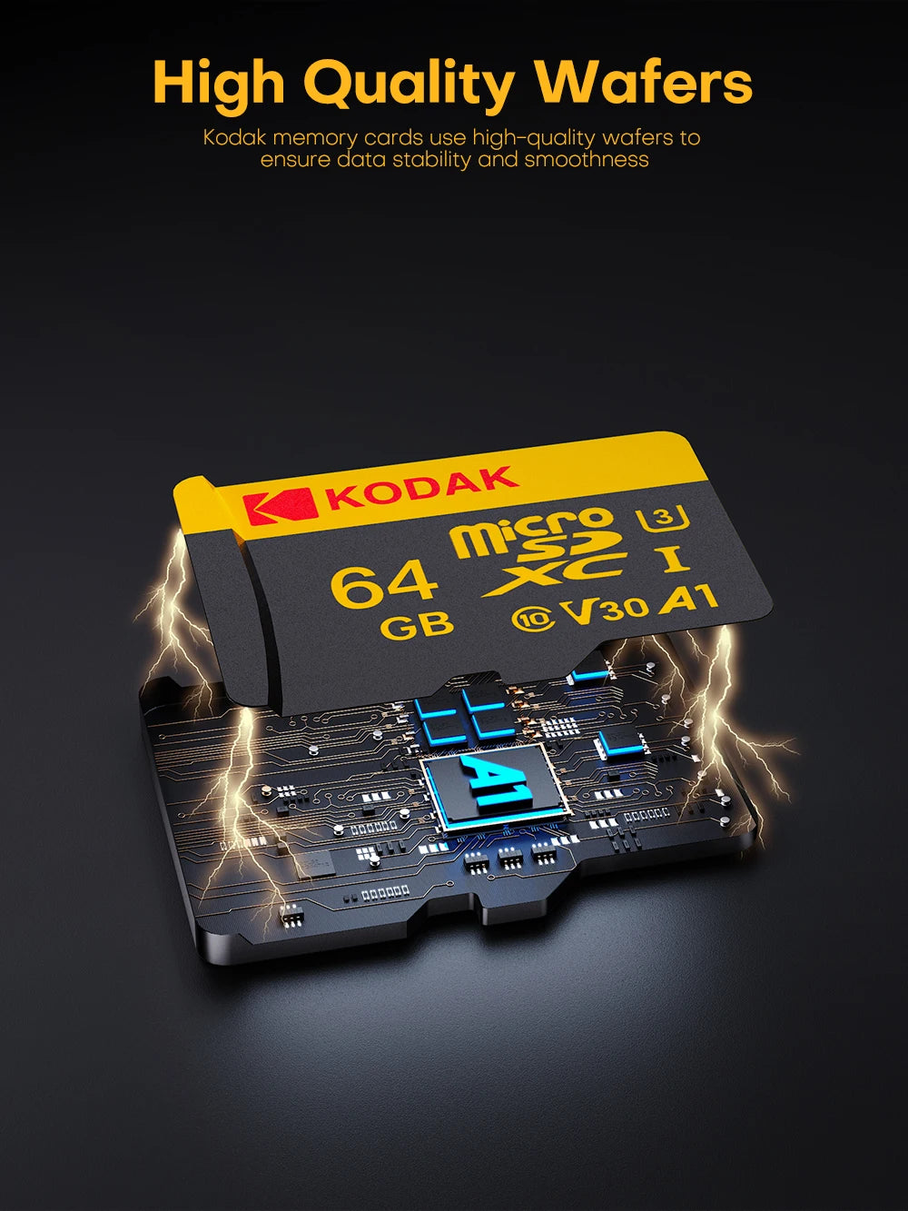 A yellow Kodak microSD card is shown emerging from a dark surface with bright electrical sparks.