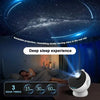 A person is sleeping while a projector casts stars onto the ceiling, illuminating a dark room.