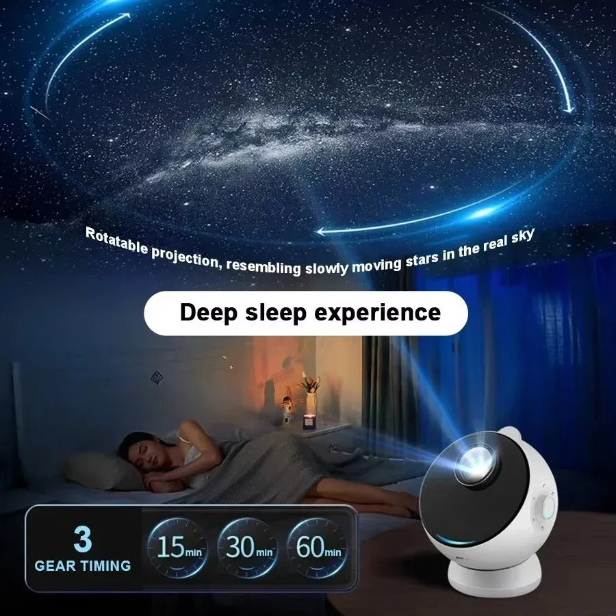 A person is sleeping while a projector casts stars onto the ceiling, illuminating a dark room.