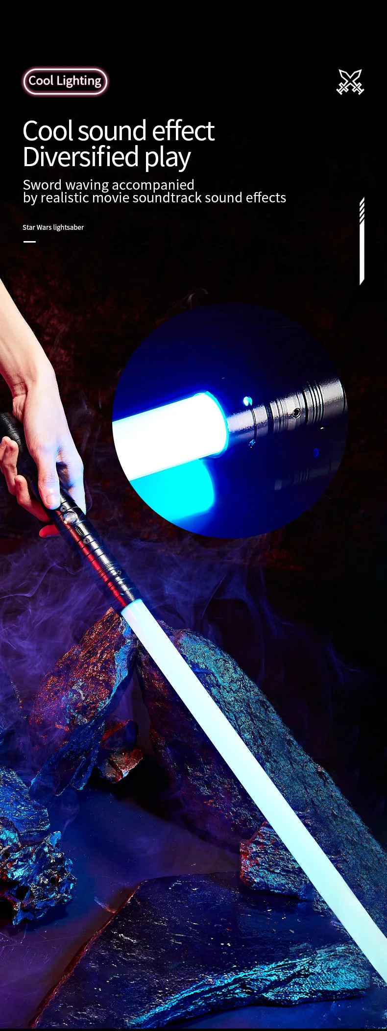 A white lightsaber is shown glowing blue and emitting a light effect, surrounded by dark rocks and smoke.
