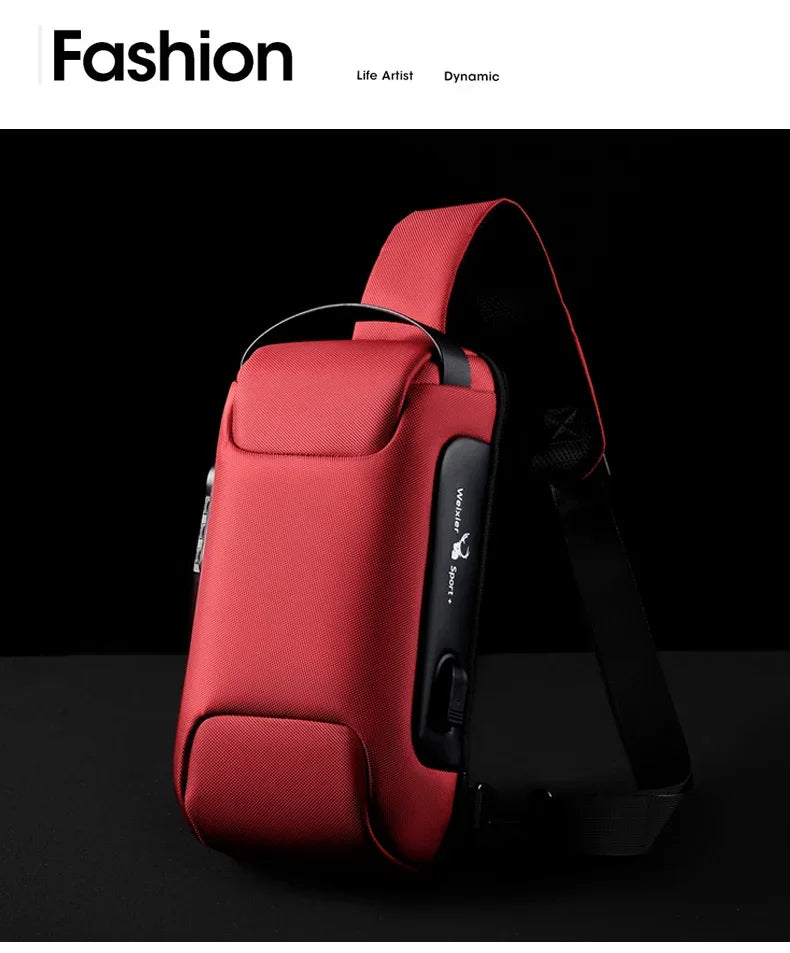 Bolso cruz de señuelo rojo para hombre multifunción y antirrobo, mostrado contra fondo negro.