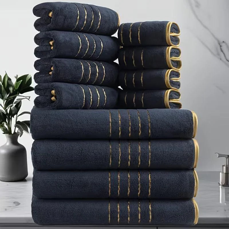 Gold-Stripe Bath Towel Set (3-Pack) – Ultra-Soft & Highly Absorbent