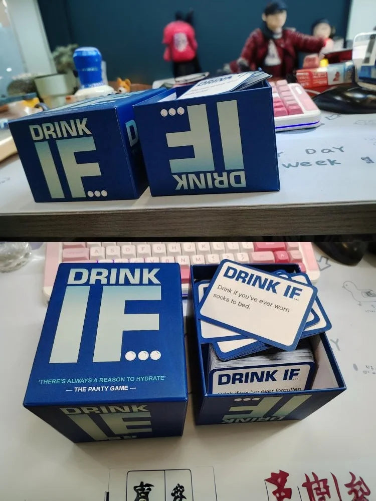 A collection of Drink IF adult drinking game cards and boxes displayed on a table.