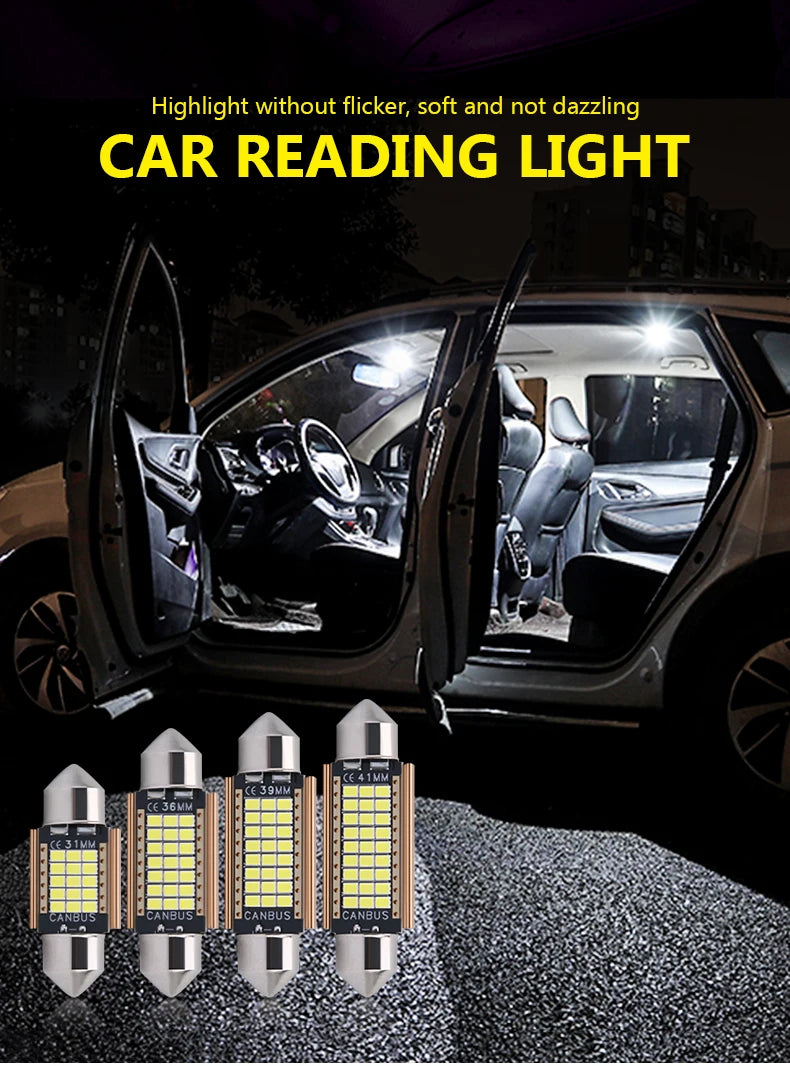 A set of Canbus LED festoon bulbs for car interior and license plate lights displayed on a textured surface.