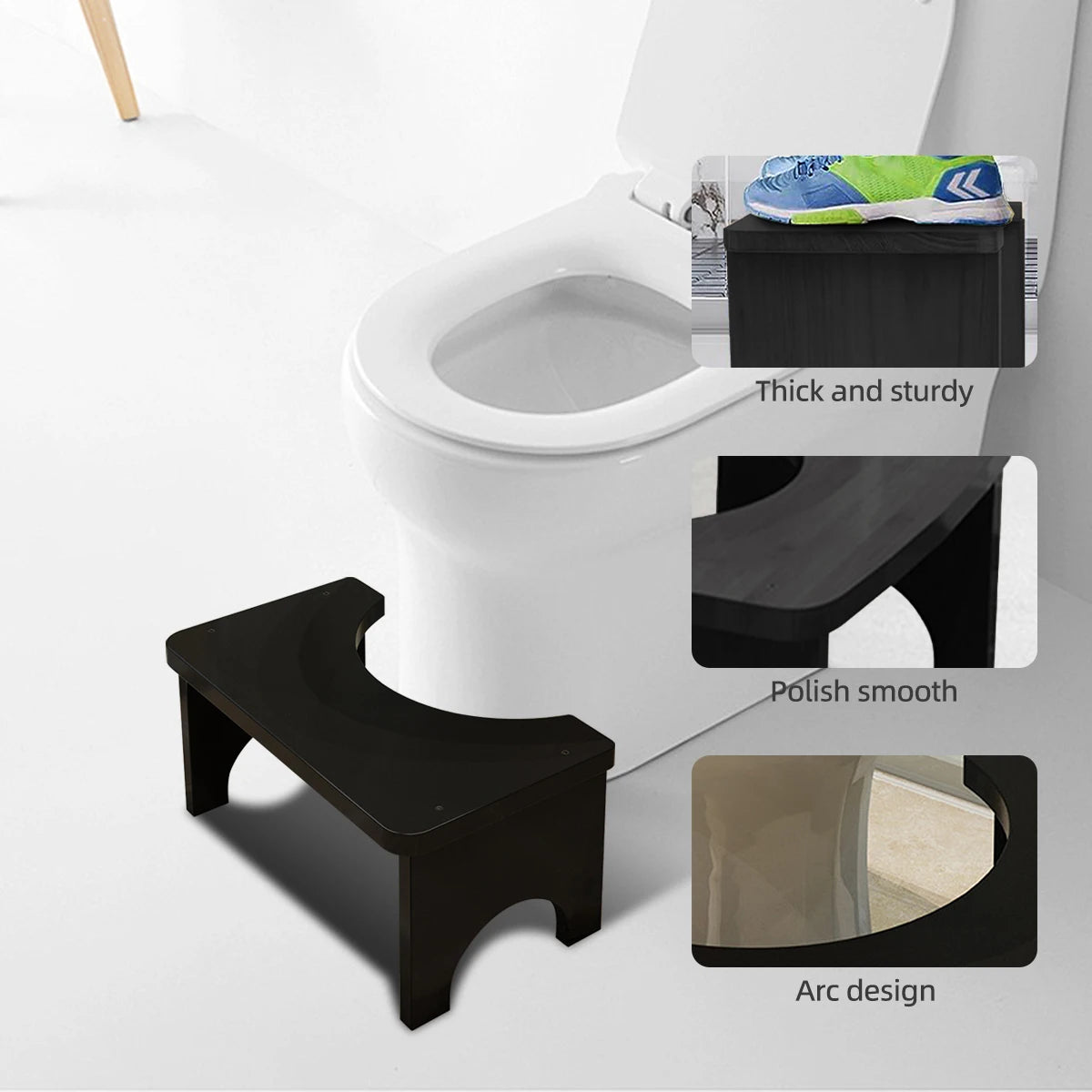 A black bamboo toilet squat stool with a smooth finish and an arc design shown next to a white toilet.
