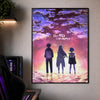 A vertical poster featuring characters from Re:Zero against a vibrant purple and pink sky background.