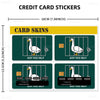 Credit card stickers featuring various designs including a white goose and numerical patterns
